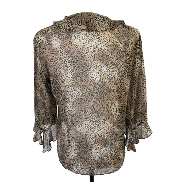 CHICO'S DESIGN 100% Silk Blouse Top Size 1 Animal Print Semi-Sheer Ruffle Front - Picture 4 of 6